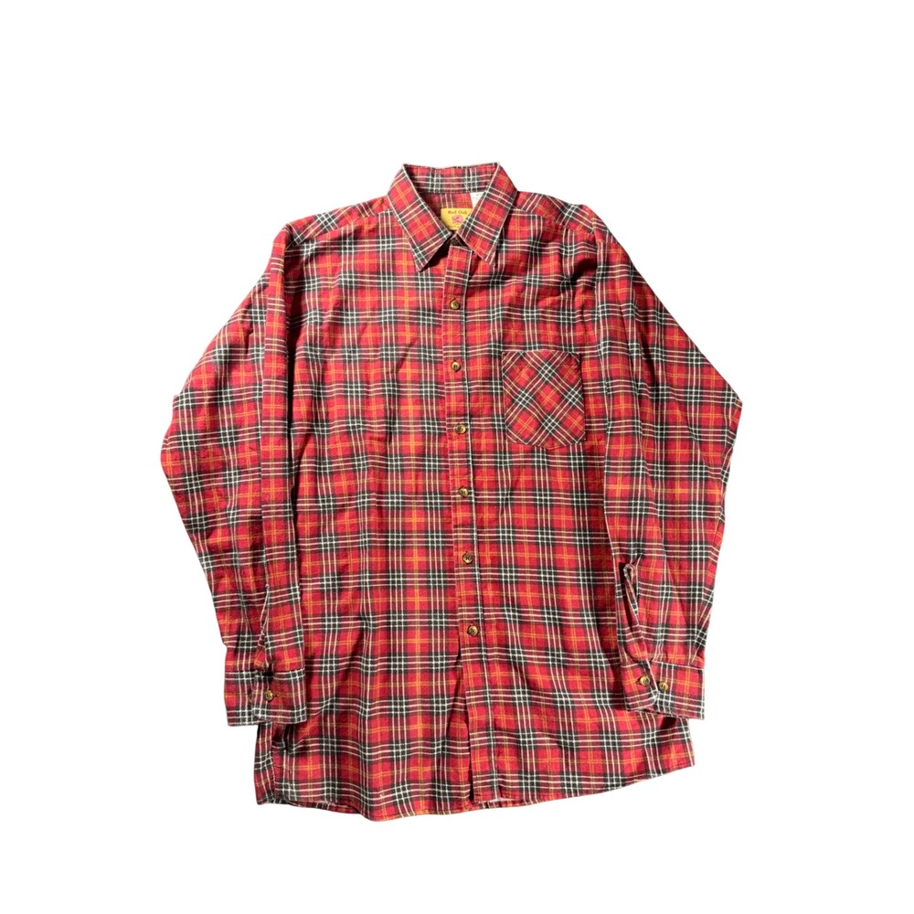Red Oak Ranch Plaid Flannel Shirt Mens Medium Tall Red Vintage Made in USA